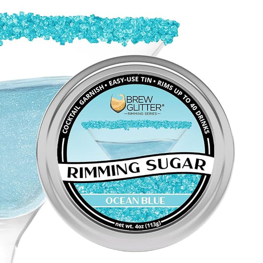 Brew Glitter - Ocean Blue Rimming Sugar (4oz, 1x Bar Tin) Cocktail Garnish for Mixed Drinks & Refreshments