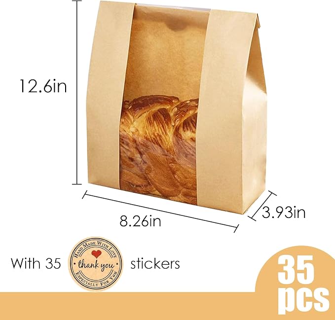 Pack of 35 Paper Bread Bags for Homemade Bread, Paper Bakery Bag for Baked Food Packaging Storage, Large Kraft Paper Bread Loaf Bag with Window Label Seal Sticker included Pack of 35,12.5x8.3x4 Inches