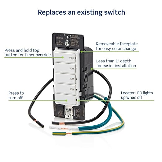 Leviton Countdown Timer Switch for bathroom fan and household lights, 10-20-30-60 min, No Neutral Required, Single Pole, 15A, 1/2HP/9.8A Fan/Motor, DT160-1LW, White