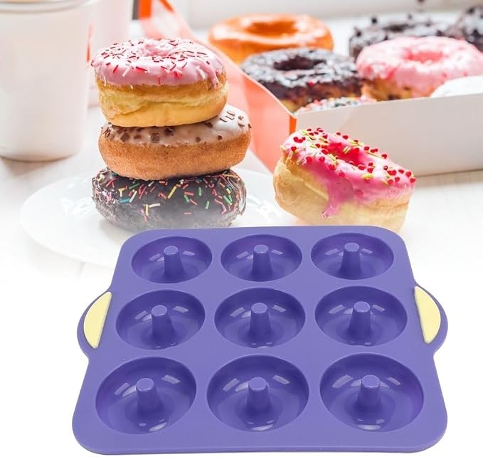 Limen Silicone Donut Baking Mould Tray, 9-Cavity Non-Stick Ring Cake Pan with Center Posts and Dual Side Handles for Oven Baking 11.5x10.12 in(Blue)