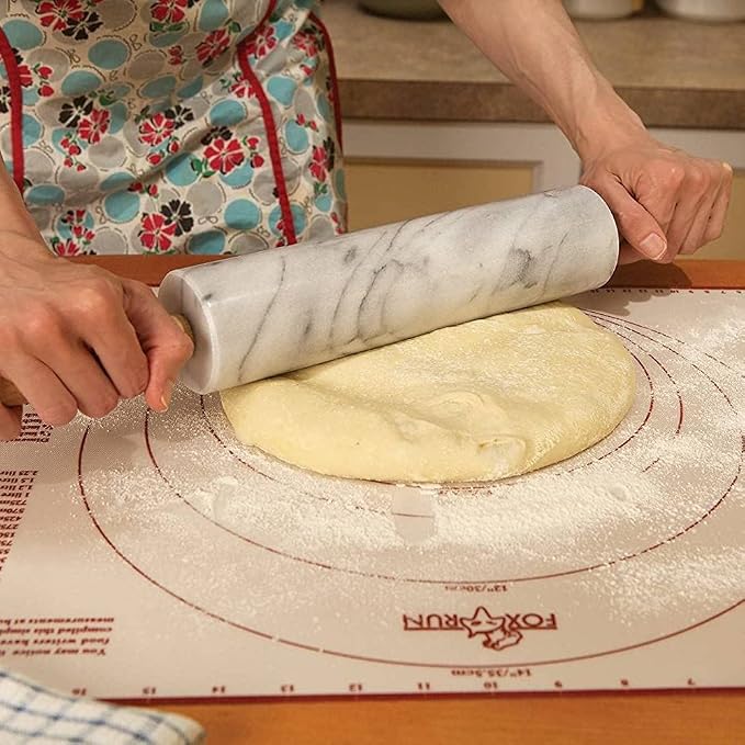 Fox Run Polished Marble Rolling Pin with Wooden Cradle, 10-Inch Barrel, White