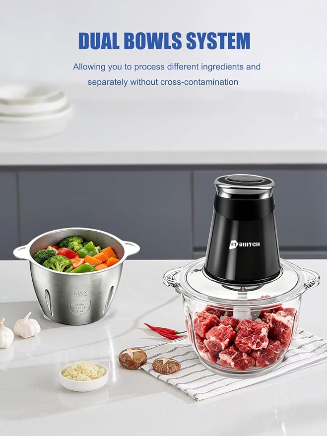 Food Processor, 500W Electric Food Chopper with 2 Bowls (10 Cup+5 Cup) & 2 Bi-Level Blades&, Small Meat Electric Grinder Processor for Meat, Vegetable, Onion, Garlic, Nuts, and Baby Food