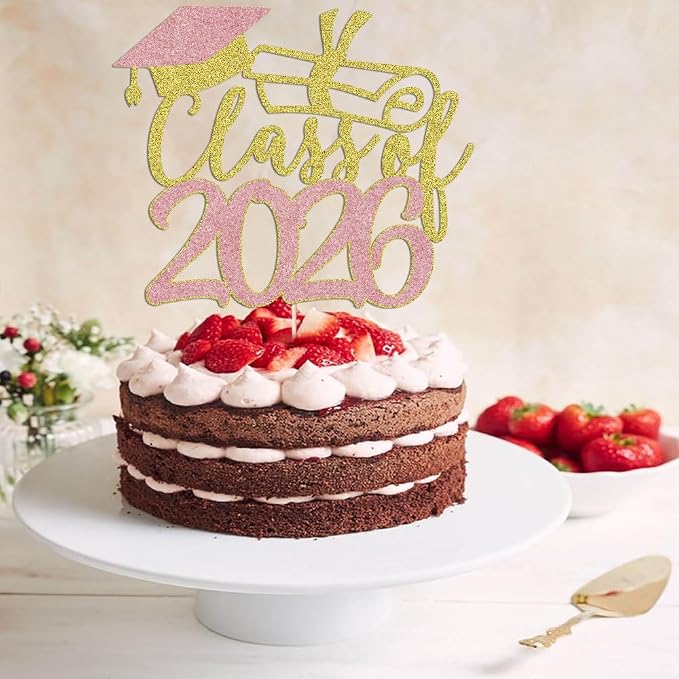 Gold Class of 2026 Congrats Grad Cake Topper Glitter Graduation Party Supplies - High School College Graduates -College Graduate Cake Topper Decorations (Class of 2026 Gold and rose gold)