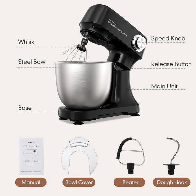 Stand Mixer 4.8 Qt Electric Food Mixer 12 Speeds Portable Lightweight Kitchen Mixer For Daily Use With Egg Whisk, Dough Hook, Flat Beater