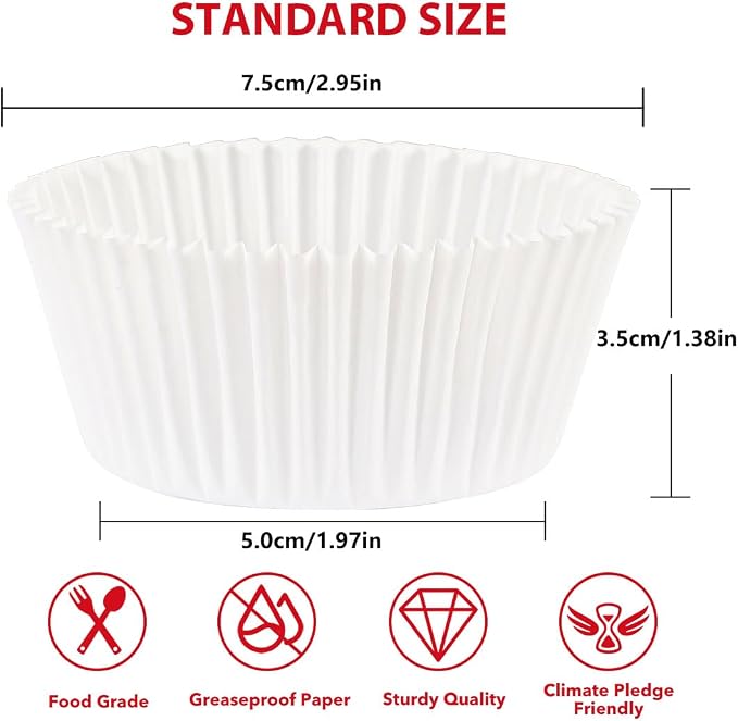 Caperci Standard White Cupcake Liners for Baking 200 Counts - Greaseproof Muffin Baking Cups for Wedding Birthday Party Baby Shower Festivals (White)
