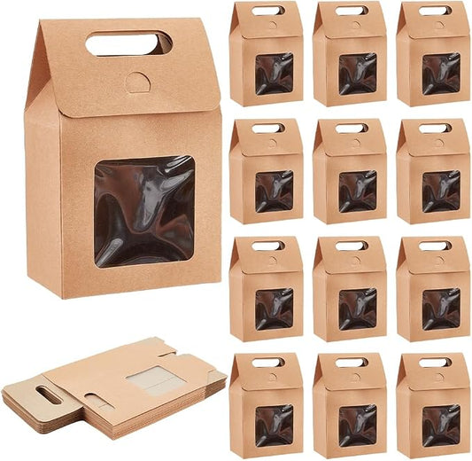 PH PandaHall 24pcs Goodies Boxes Small Gift Boxes Gable Candy Treat Box Kraft Paper Box with Clear Windows for Bread Donuts Cookie Chocolate Birthday Wedding Valentine (2.3x3.9x3.7 inch)