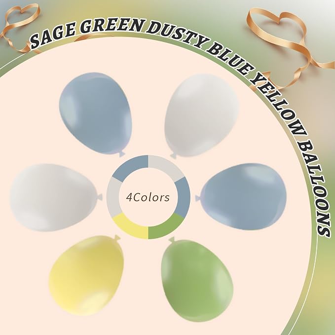 160Pcs 12 Inch Sage Green Dusty Blue Yellow Latex Balloons for Baby Shower Wedding Birthday Boho Party Decorations