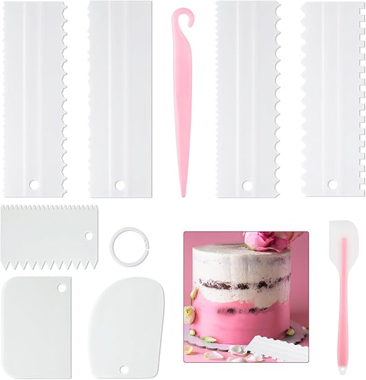 9PCS Cake Scraper Set with Cake Scraper Smoother Set, Adjustable Icing Scraper Polisher Tool, Cake Decorating Comb, Icing Smoother Plastic Sawtooth,Cake Icing Kitchen Baking Cake Edge(White)