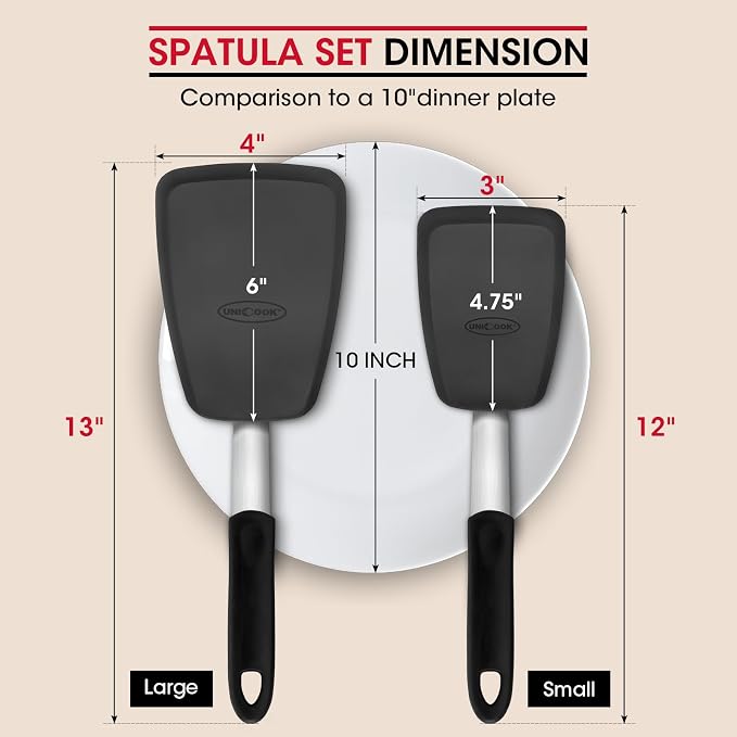 Unicook 2 Pack Flexible Silicone Spatula, Turner, 600F Heat Resistant, Ideal for Flipping Eggs, Burgers, Crepes and More, Black