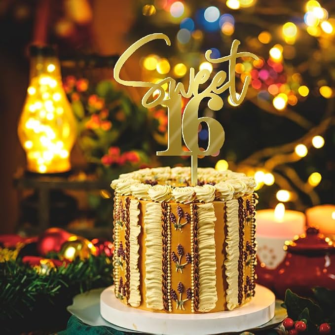 Sweet 16 Cake Toppers Mirror acrylic gold | Happy Sweet Sixteen Birthday Party Cake Decor for Cheers to 16 Years Anniversary Party Decorations Supplies