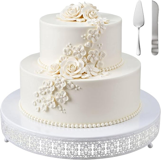 Wenqik White Cake Stand 16 Inch Metal Round Cupcake Dessert Wedding Cake Stand with Cutting & Spatula Cookies Display Holder Fruit Serving Tray for Table Wedding Birthday Anniversary Party