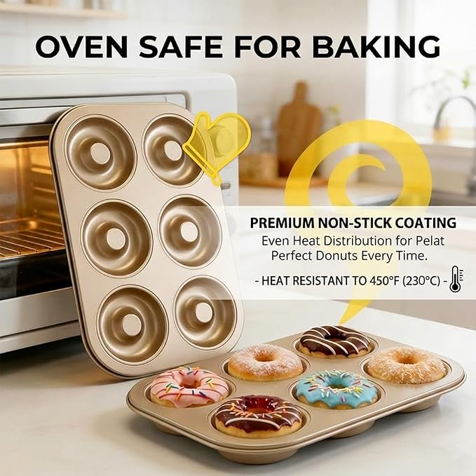 2 Pack Nonstick Donut Pan, 6 Cavity Heavy Duty Steel Mini Bagel Mold, Oven Safe Doughnut Baking Tray (Gold, 6 Cup)