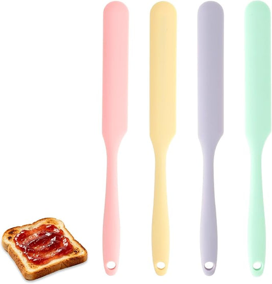 4 Pcs Silicone Jar Spatula, Long Handle Skinny Spatula Scraper for Jars & Bottles, Heat Resistant Small Spatulas Set for Kitchen Baking Sourdough Cake Makeup Essentials, Pink+Yellow+Light Green+Purple