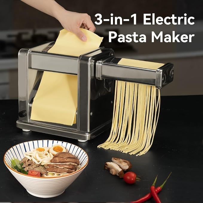 Domestic Electric Pasta Maker Automatic Stainless Steel Noodle Machine with Adjustable Dough Roller/Cutter for Home Handmade Spaghetti, Fettuccini, Lasagna, Pie Crust, Dumpling, Wonton
