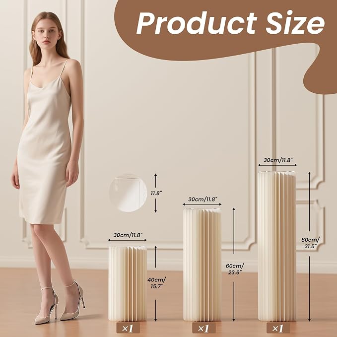 3 Pack Portable White Cylinder Stands for Party, 31.5", 23.6", 15.7" Height Foldable Cardboard Tall Cake Pedestal Stand Flower Floral Pillar Table Stand, cilindros para fiestas redondos blancos for Wedding Parties
