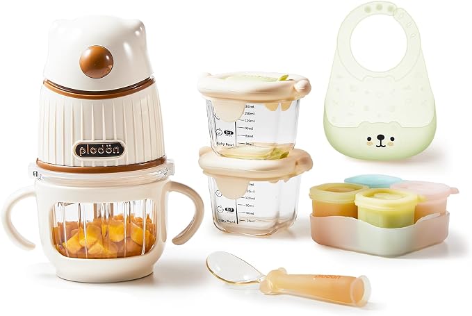 Baby Food Maker Set with 316 Steel Blades & Glass Bowl, White Baby Food Blender with A Feeding Spoon, A Bib, 4 Separate Food Ice Cube Trays and Two 7oz Food Storage