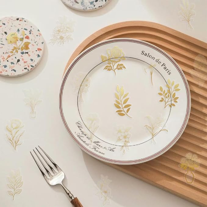 50pcs Transparent Golden Plants Flower Stickers PET Waterproof Nature Flower Decals Decorative for Water Bottles Phone Cases Laptops Scrapbook DIY Crafts Album Journal Plant Enthusiast (Golden Plants)