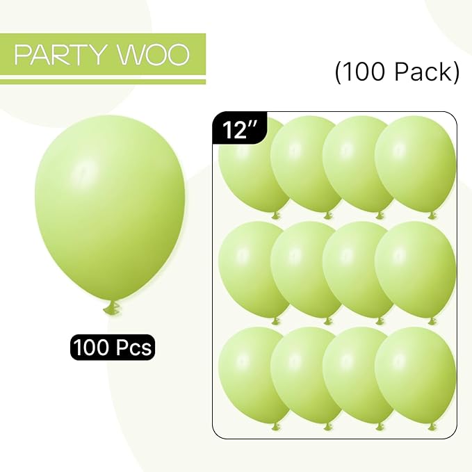 PartyWoo Lime Green Balloons 100pcs 12 Inch Light Green Latex Helium Balloons for Graduation Wedding Baby Shower Anniversary Birthday Dinosaur Jungle Golf Football Theme Party Decorations Green-Y6