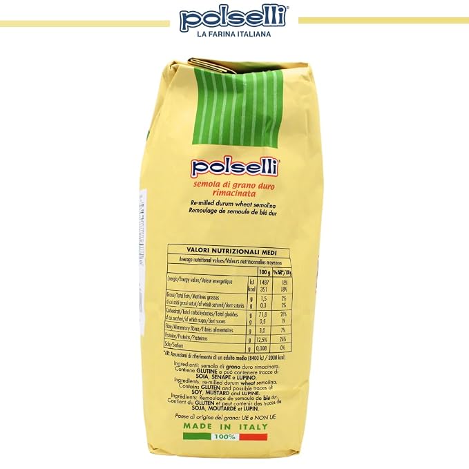 POLSELLI Italian Semola Flour, Fine Ground Semolina Rimachinata, 5 kg | Fine Ground Durum Wheat Flour For Fresh Pasta, Bread, & Baking, All-Natural, Unbleached, Non-GMO, Product Of Italy