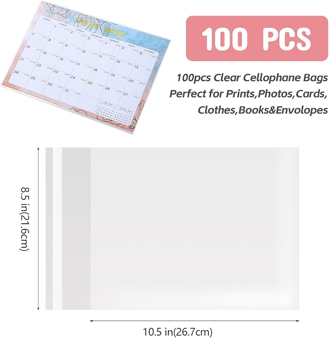 100 Pcs Clear Cellophane Cello Bags 8-1/2'' x 10-1/2'' Self Sealing Cellophane Bags Self Adhesive for 8x10in Art Prints, Cards, Images,Cookie, Photographs Gift Wrapping, Party Favor