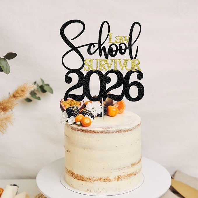Black Gold Glitter Law School Survivor 2026 Cake Topper, Congrats Lawyer Cake Decoration, 2026 Law School Graduation Party Supplies