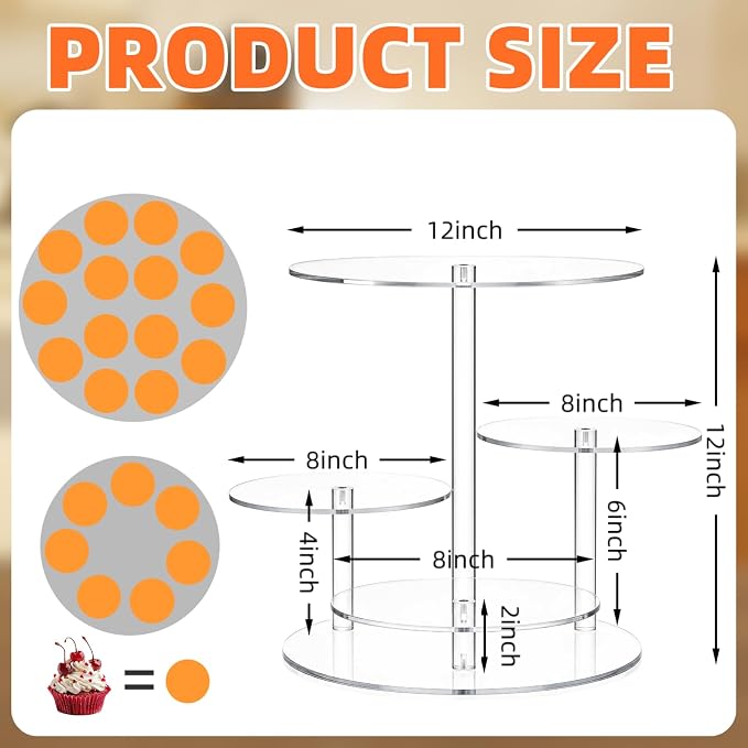 Cupcake Stand, 4 Tier Acrylic Cake Stand, Round Cake & Cupcake Combo for 8-12 Inch Cakes, Clear Tiered Cupcake Tower for 50 Cupcakes, Display Stand for Dessert Table Wedding Birthday Party