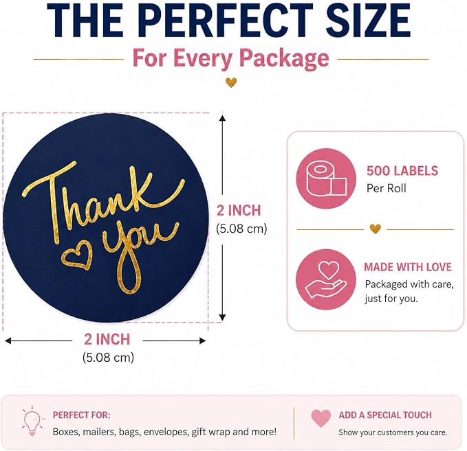 500 2 inch Thank You Stickers – Round Labels with Gold Foil Heart (Black, White, Pink, Navy)– Large Stickers for Small Business Packaging, Envelopes, Gift Bags & Orders – Self-Adhesive Seals