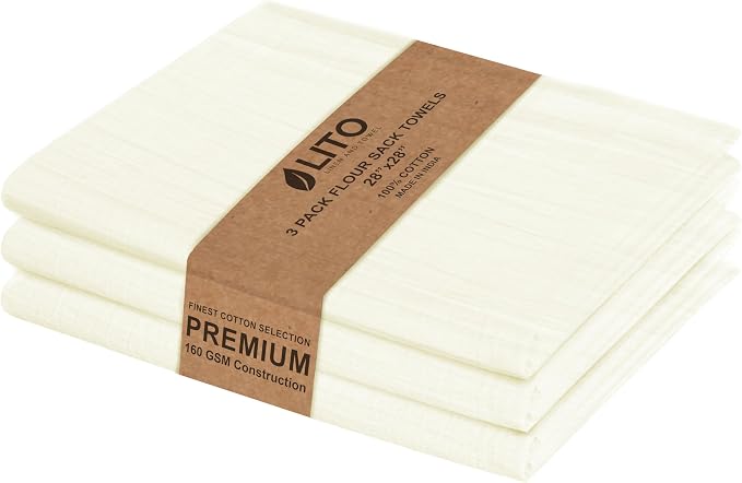 Flour Sack Towels | Tea Towel for Crafts| Kitchen Dish Cotton Blank Towel for Embroidery| Baking Bread Proofing Linen Cover| Thick Absorbent Quick Dry |3 Pack 28"x28" Natural