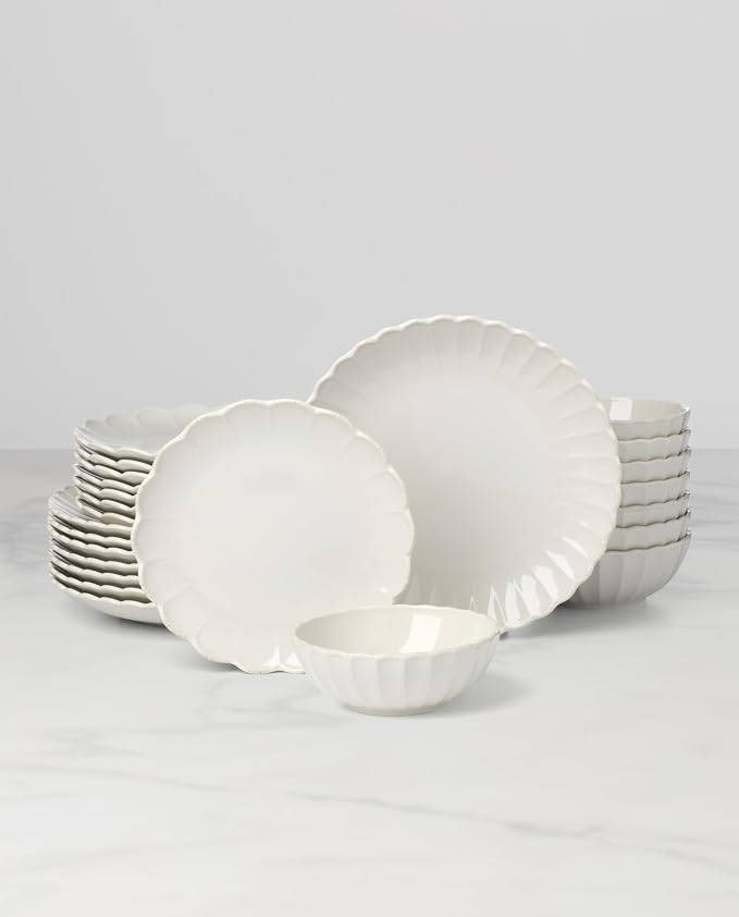 Lenox Dinnerware Sets, French Perle Scallop White 24-Piece Dinnerware Set, Service For 8, Stoneware Material, Dishwasher Safe, Microwave Safe, Bowls, Plates And Bowls, Dinner Dishes (White, 24 Piece)