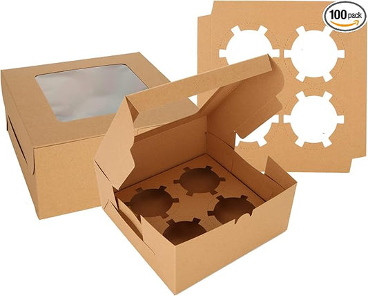 QTLCOHD 100Pcs Cupcake Boxes 4 Count with Window 6x6x3 Inch | Cupcake Containers Brown Cupcake Box Bulk for Cupcakes Muffins Cookies Pastries