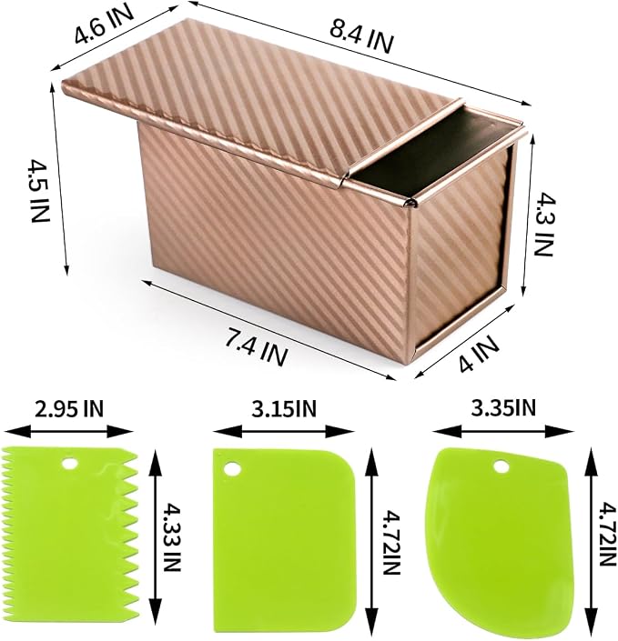 Non-Stick Pullman Pan with Lid, Loaf Pan with Lid, Carbon Steel Corrugated Bread Toast Box Mold with Cover for Baking Bread Sandwich,1 lb Dough with 3 PCS Dough Scraper Cutter