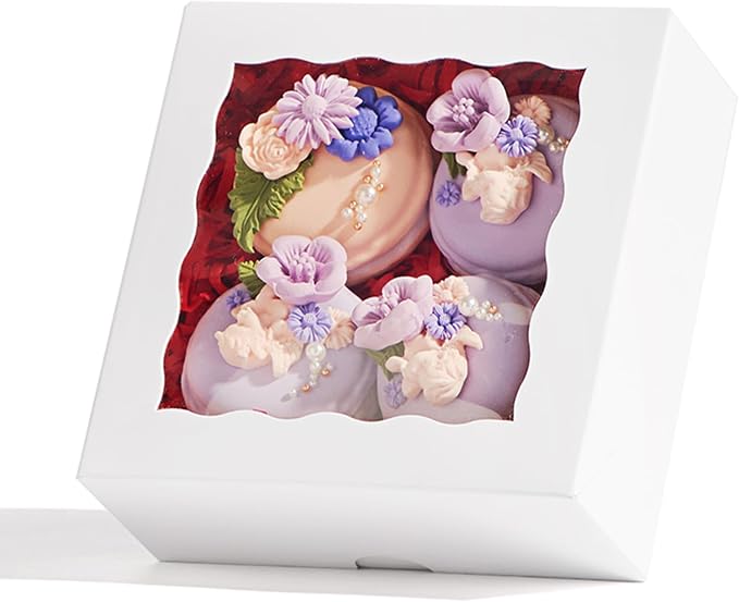 RomanticBaking 21PCS 5x5x2 Inch Bakery Boxes,Cookie Boxes with Window, Pastry Boxes for Macaroon Dessert Cupcake Donut Pastry Muffins