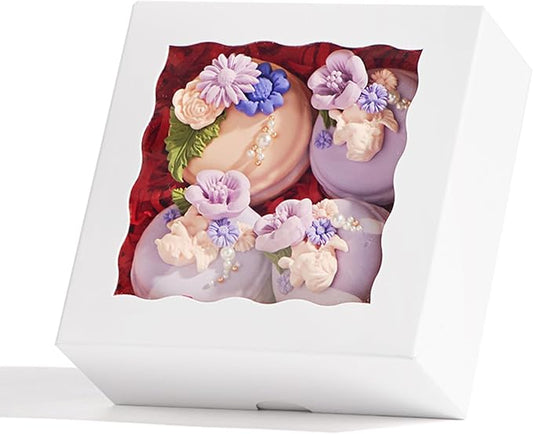 RomanticBaking 21PCS 5x5x2 Inch Bakery Boxes,Cookie Boxes with Window, Pastry Boxes for Macaroon Dessert Cupcake Donut Pastry Muffins