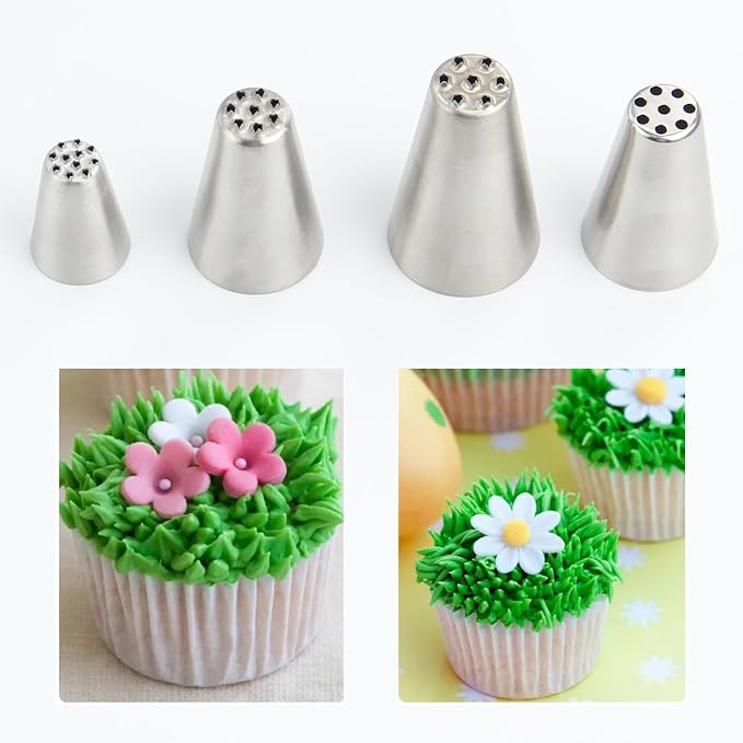 Grass Piping Tip Set – 4pcs Stainless Steel Cake Decorating Grass Tips, Pull Line Nozzles for Cakes Cupcakes Cookies Pastries Chestnut Puree, Buttercream Frosting Decoration Piping Nozzles