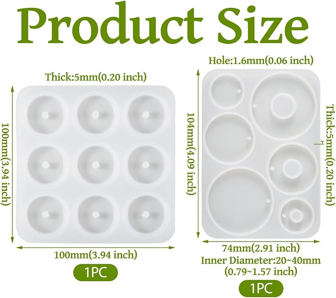 Beadthoven 2Pcs Silicone Pendant Molds Flat Round Donut Resin Casting Molds 2 Styles Disc Circle Resin Epoxy Mould for DIY Crafts Jewelry Casting Necklace Earrings Pendant Keychain Charms