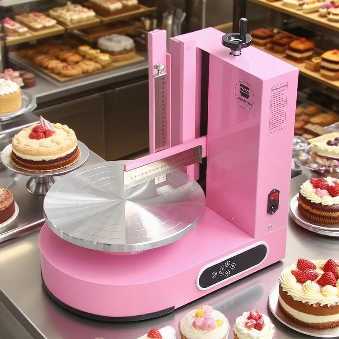 Semi Automatic Birthday Cake Smoothing Coating Machine, AC110V 4-14in Cake Cream Spreading Machine, Cakes Decorating Cream Coating Machines Turntable with Graduated Scraper, Baking Supplies (Pink)