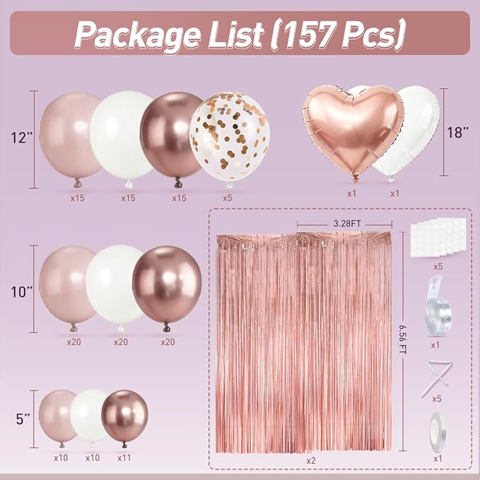 157PCS Rose Gold Dusty Pink and White Balloons with Rose Gold Fringe Curtain for Woman Girl Princess Birthday Bridal Shower Engagement Wedding Baby Shower Valentine’s Day Decorations