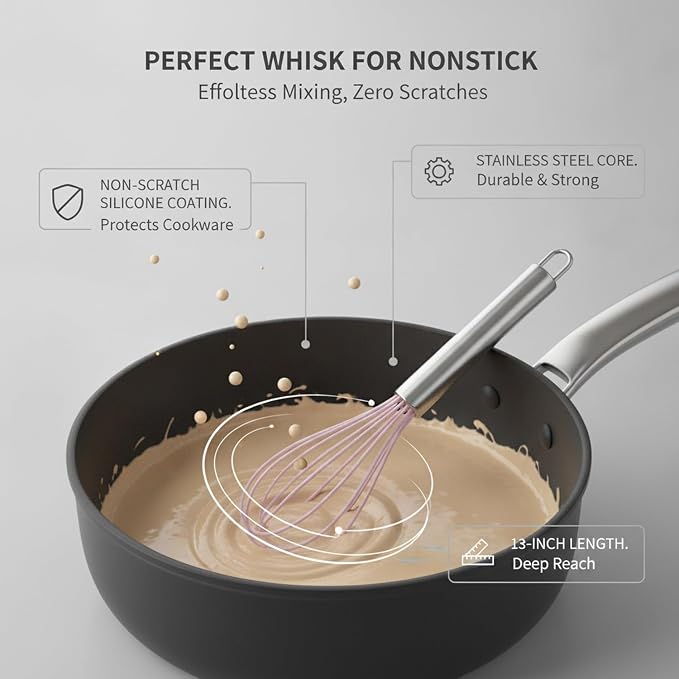 Multipurpose Silicone Whisk for Batters, Sauces & Eggs - Non-Scratch Coated Wires with Stainless Steel Core, 13 Inch Kitchen Tool