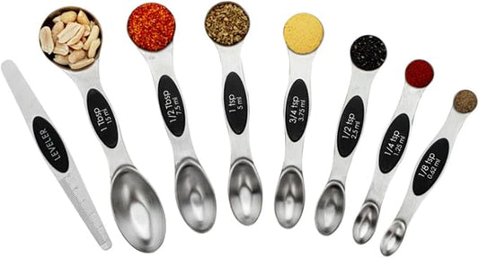 Restaurantware Met Lux 8-piece Measuring Spoon Set 1 Premium Magnetic Measuring Spoon Set - Dual-Sided With Leveler Black Stainless steel Spoon Set With U.S. And Metric Units Dishwashable