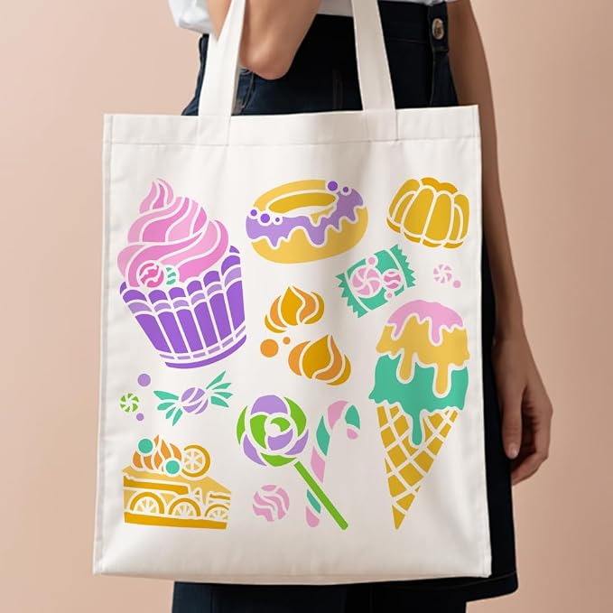 1 Piece Candy and Cake Craft Art Stencil, 11.8"x11.8" Dessert and Ice Cream Plastic Reusable Stencil for Wood Burning, Paint Template for Painting on Wall, Wood, Fabric Canvas, Furniture