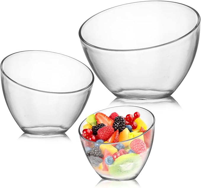 Lyellfe 3 Pack Angled Plastic Bowls, Thick Acrylic Salad Serving Bowl, Clear Candy Snack Bowls for Parties, Chips, Fruit, Prep, Assorted Sizes
