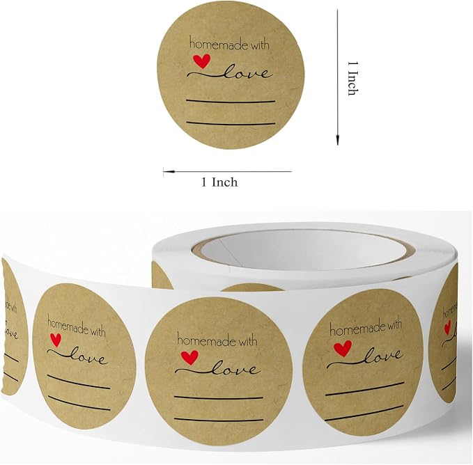 1000PCS Homemade with Love Stickers,1 Inch Small Round Kraft Baking Stickers Label Sticker for Baked Goods Packaging Jam, Jelly Jar Canning Bottles,Cookie Bags with Lines (Brown)