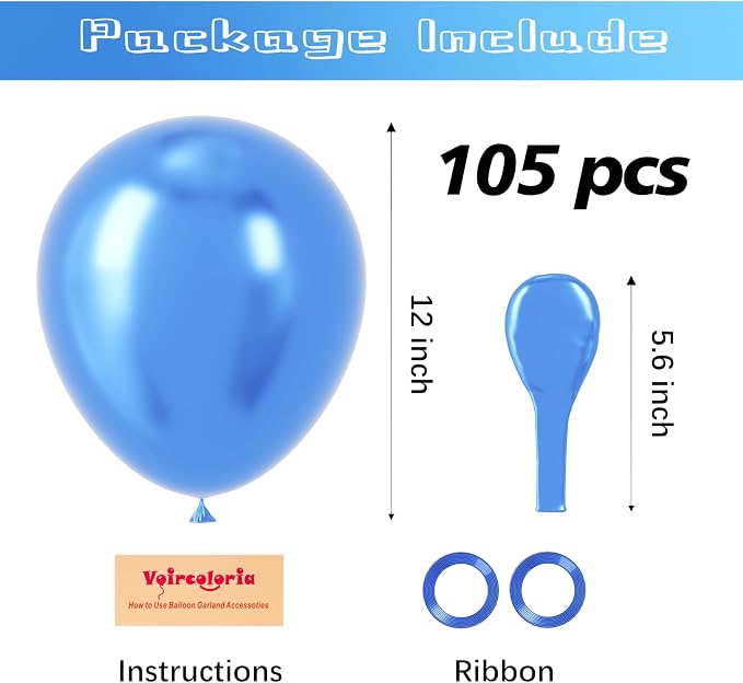 Voircoloria 105pcs Metallic Blue Balloons 12inch Party Latex Balloons for Boys Girls Birthday Baby Shower Gender Reveal Wedding Sunflower Party Decorations