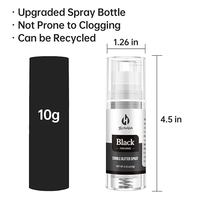 Black Edible Glitter Spray – Herbeklab 10g Food Grade Edible Shimmer Spray for Cakes, Cookies, Chocolate, Strawberries, Drinks and Cocktails– Upgraded Bottle Design