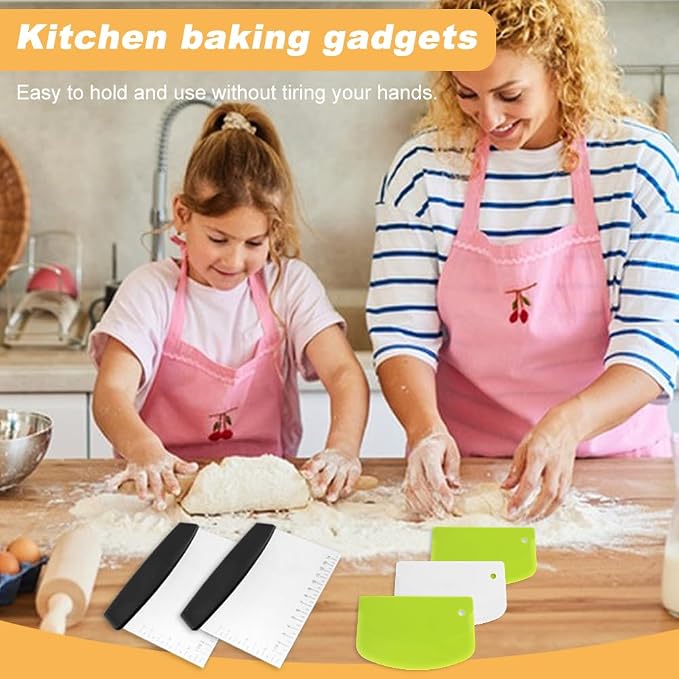 5Piece Dough Scraper Set, 2 Stainless Steel Bench Scrapers with Scale + 3 Plastic Bowl Scrapers, Non-Slip Handle, for Baking Pizza Bread Cake