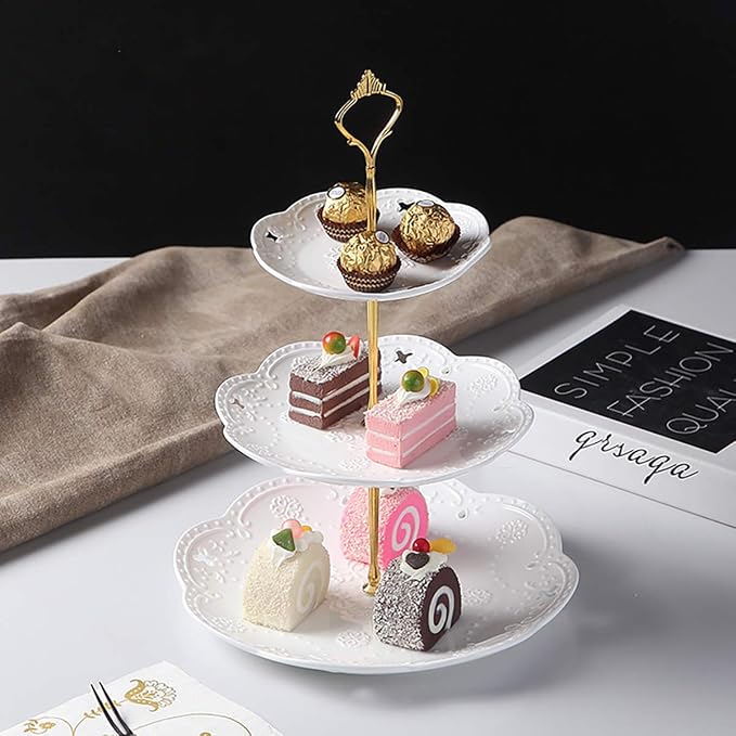 Jusalpha Cupcake Stand 3 Tier White Porcelain Cake Stand Dessert Stand Tea Party Serving Platter, Comes in a Gift Box- Free Sugar Tong (White)