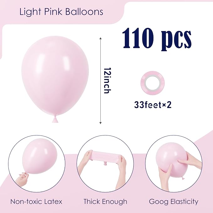 Voircoloria 110pcs Light Pink Balloons 12inch Pastel Pink Latex Party Balloons for Boys Girls Birthday Party, Baby Shower, Wedding, Gender Reveal, Baby Shower, Anniversary Party Decorations