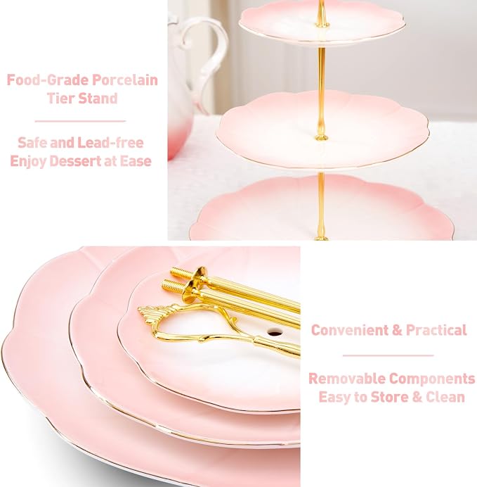 DUJUST Luxury Larger 3-Tier Cupcake Stand Tower, British Style Porcelain Serving Tray with Golden Trim, Food Grade Dessert Display Stand for Tea Party & Home Décor - 45% Gradient Pink Larger Plates