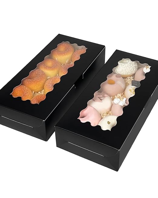 qiqee 50 Packs Black Cookie Box with Window 12x5.5x2.5 Inch Two Uses Pastry Biscuit Bakery Box For Packaging