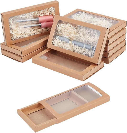 BENECREAT 12Pcs Rectangle Kraft Paper Boxes Brown Bakery Favor Boxes 6.3×3.4×0.6Inches Gift Boxes with Clear PVC Windows for Bakery, Wedding, and Party Favors Packaging